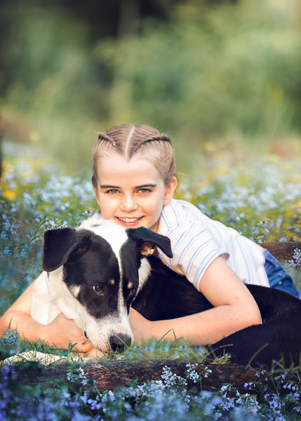 Family photos of young girl & pet dog