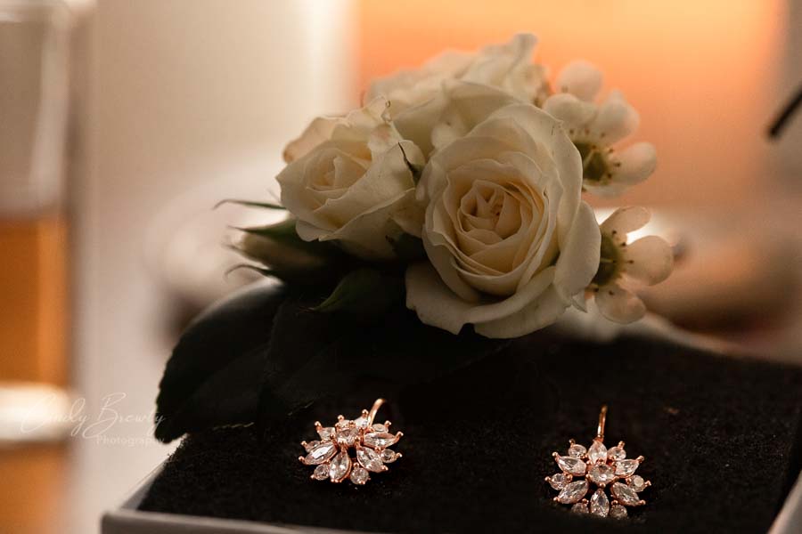 Close up of corsage & earings