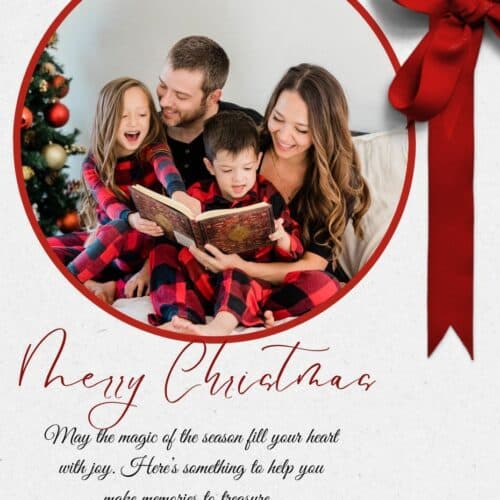 Christmas Gift card showing photo of family in front of Christmas tree